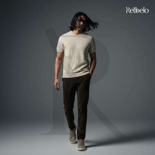 Beige - Round Neck Knitted
