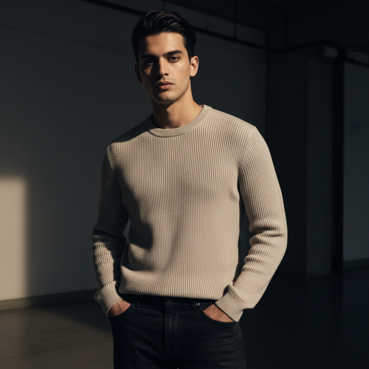 Biege Ribbed Round Neck