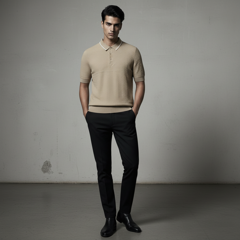 Jumper Polo - Biege with a white strip on collar