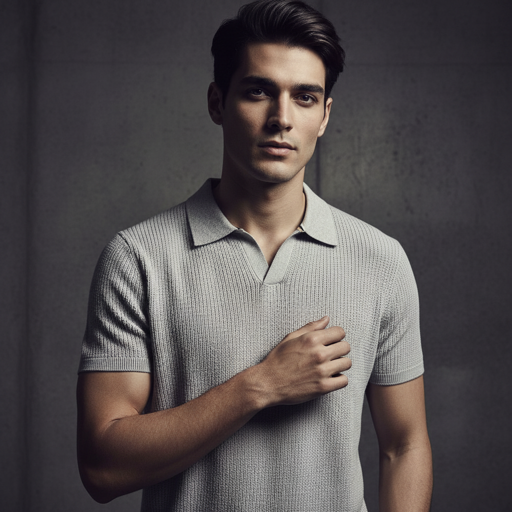 Grey - Ribbed Polo Tshirt