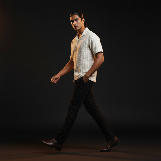 Baggy Shirt - White + Brown Stripe