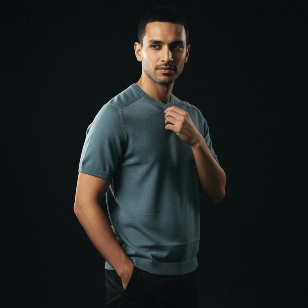 Dark Sage - Knitted Round Neck T-shirt