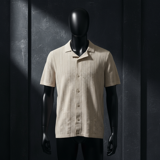 Beige - Knitted Short Sleeve Cuban