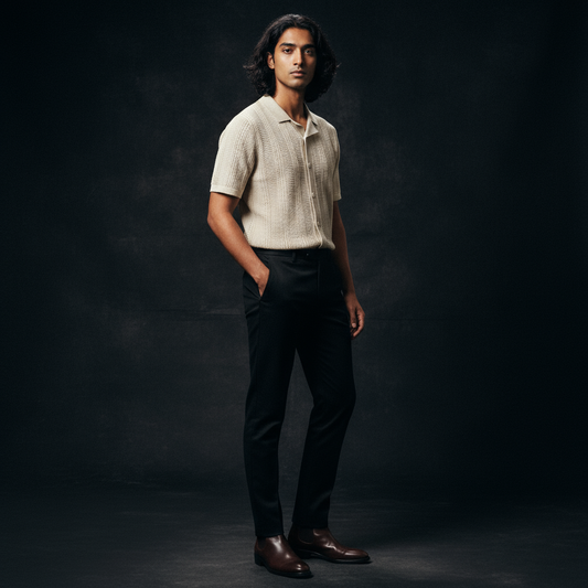 Beige - Knitted Short Sleeve Cuban