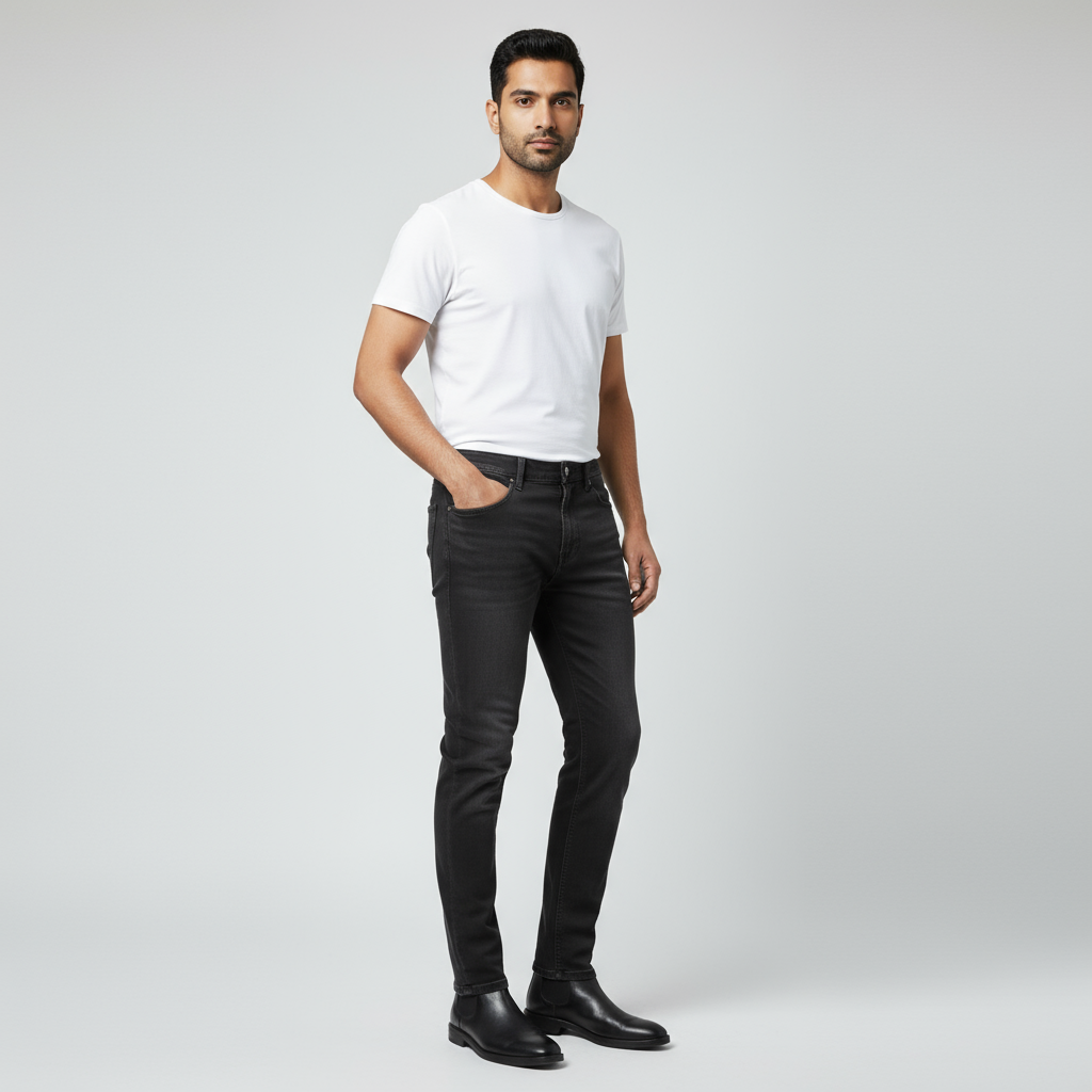 Black Straight Stretch Cotton Jeans in
