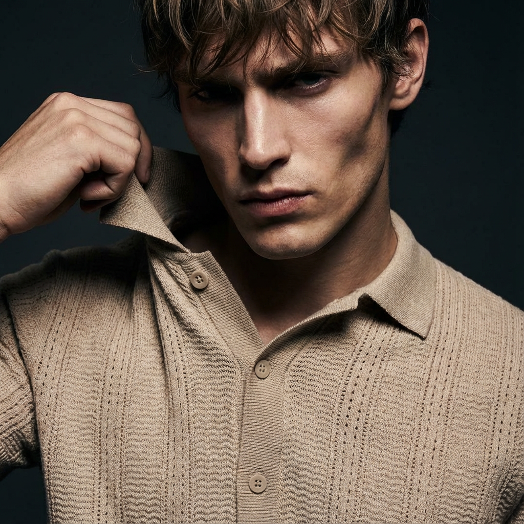 Beige - Knitted Short Sleeve Cuban