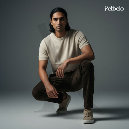 Beige - Round Neck Knitted