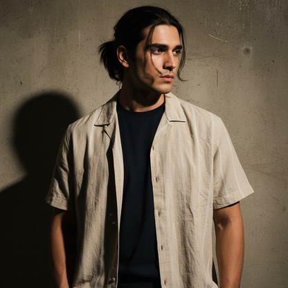 Baggy Shirt - Beige + White thin texture