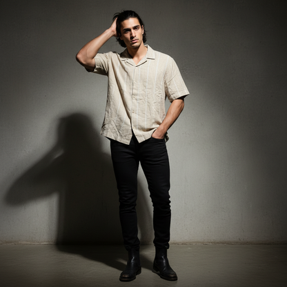 Baggy Shirt - Beige + White thin texture