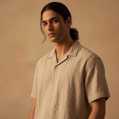 Baggy Shirt - Beige + White thin texture