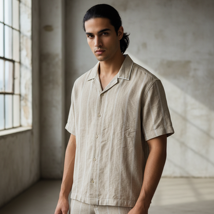 Baggy Shirt - Beige + White thin texture