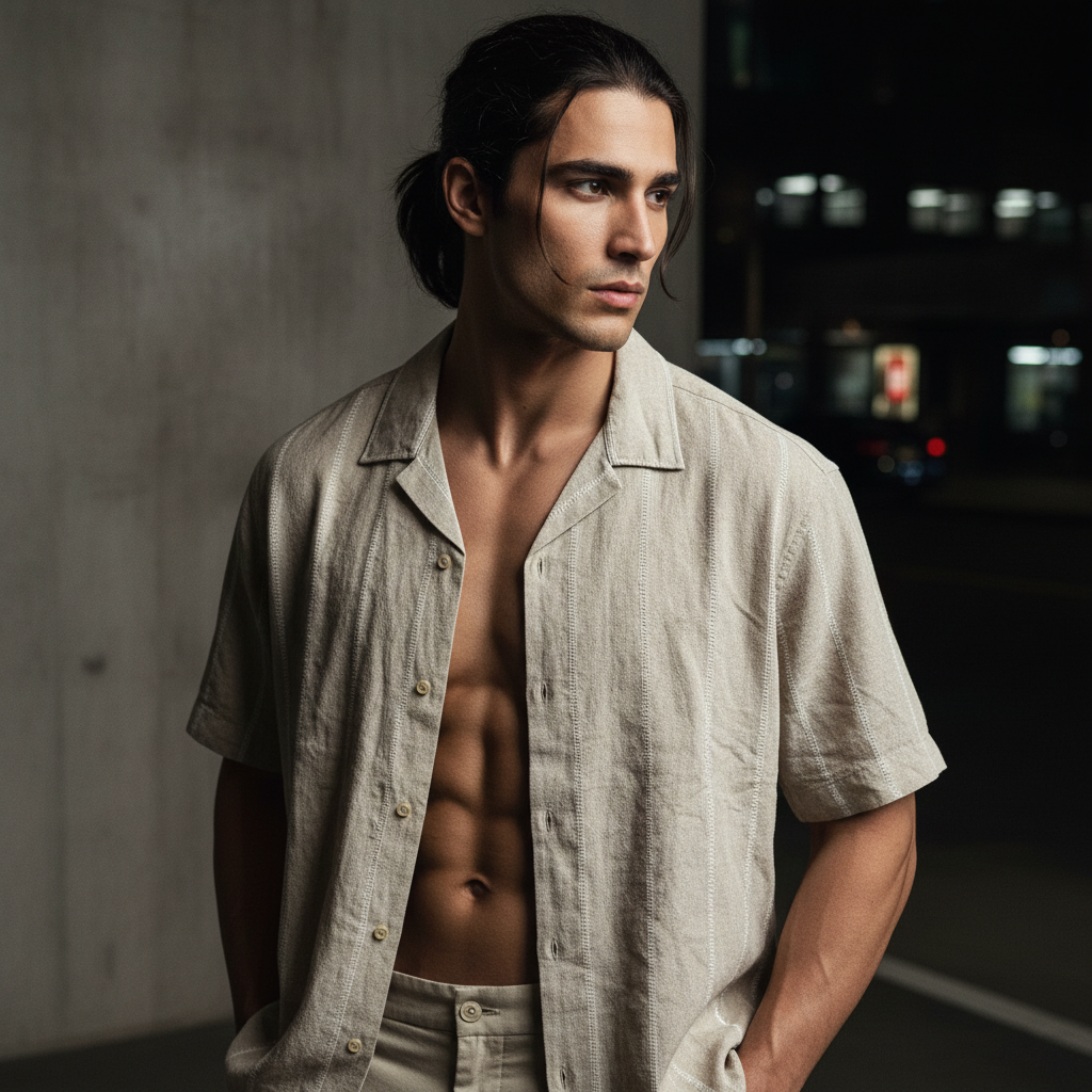 Baggy Shirt - Beige + White thin texture