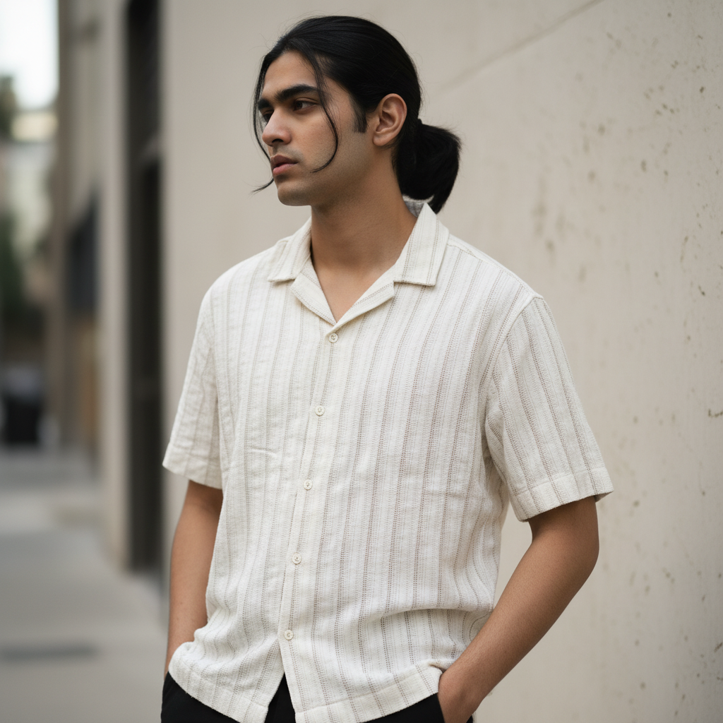 Baggy Shirt - White + Brown Stripe