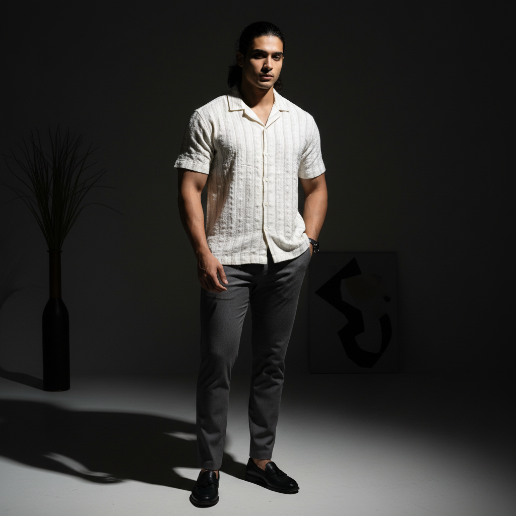 Baggy Shirt - White + Brown Stripe