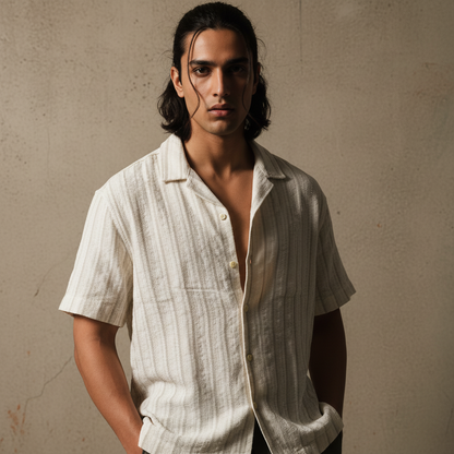 Baggy Shirt - White + Brown Stripe