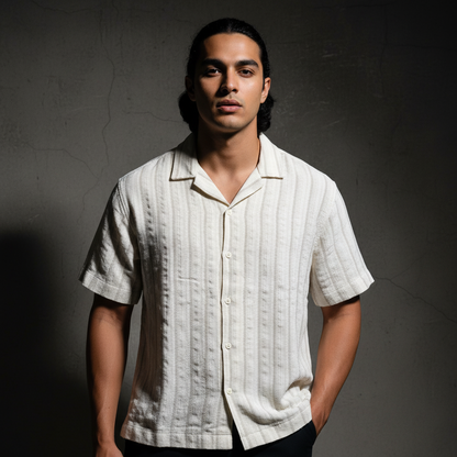 Baggy Shirt - White + Brown Stripe