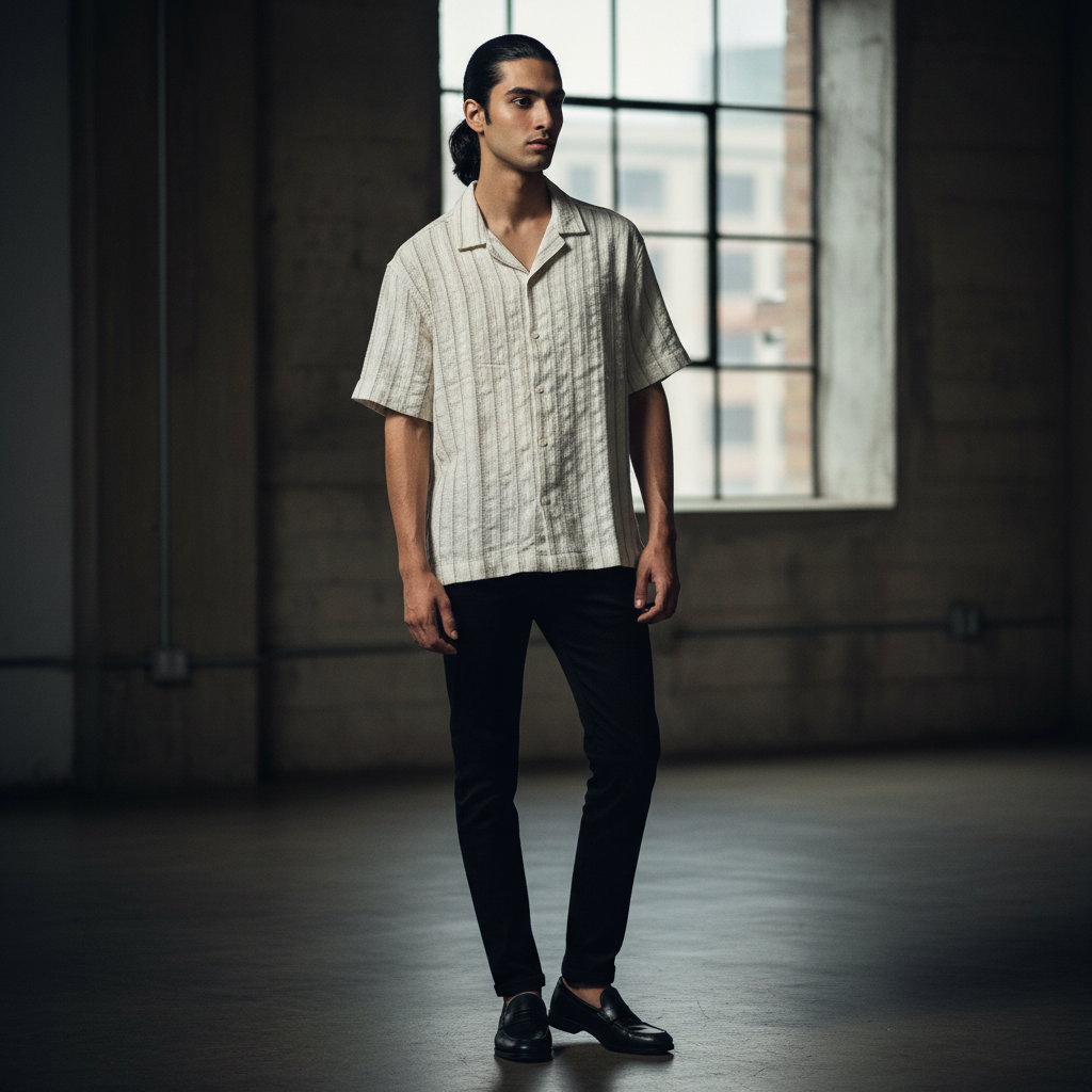 Baggy Shirt - White + Brown Stripe