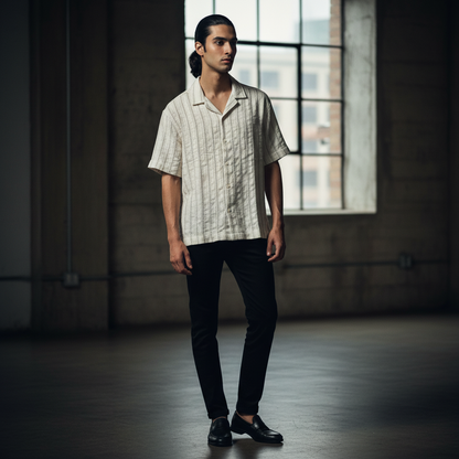 Baggy Shirt - White + Brown Stripe