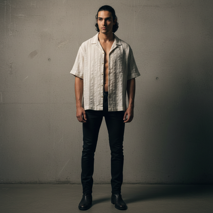 Baggy Shirt - White + Brown Stripe