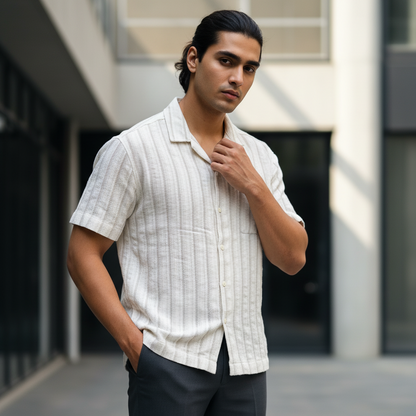 Baggy Shirt - White + Brown Stripe