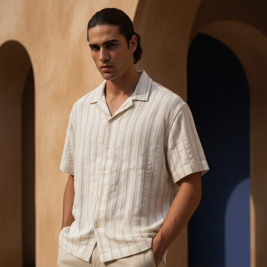 Baggy Shirt - White + Brown Stripe