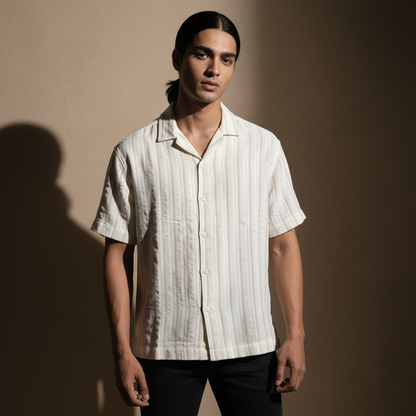 Baggy Shirt - White + Brown Stripe