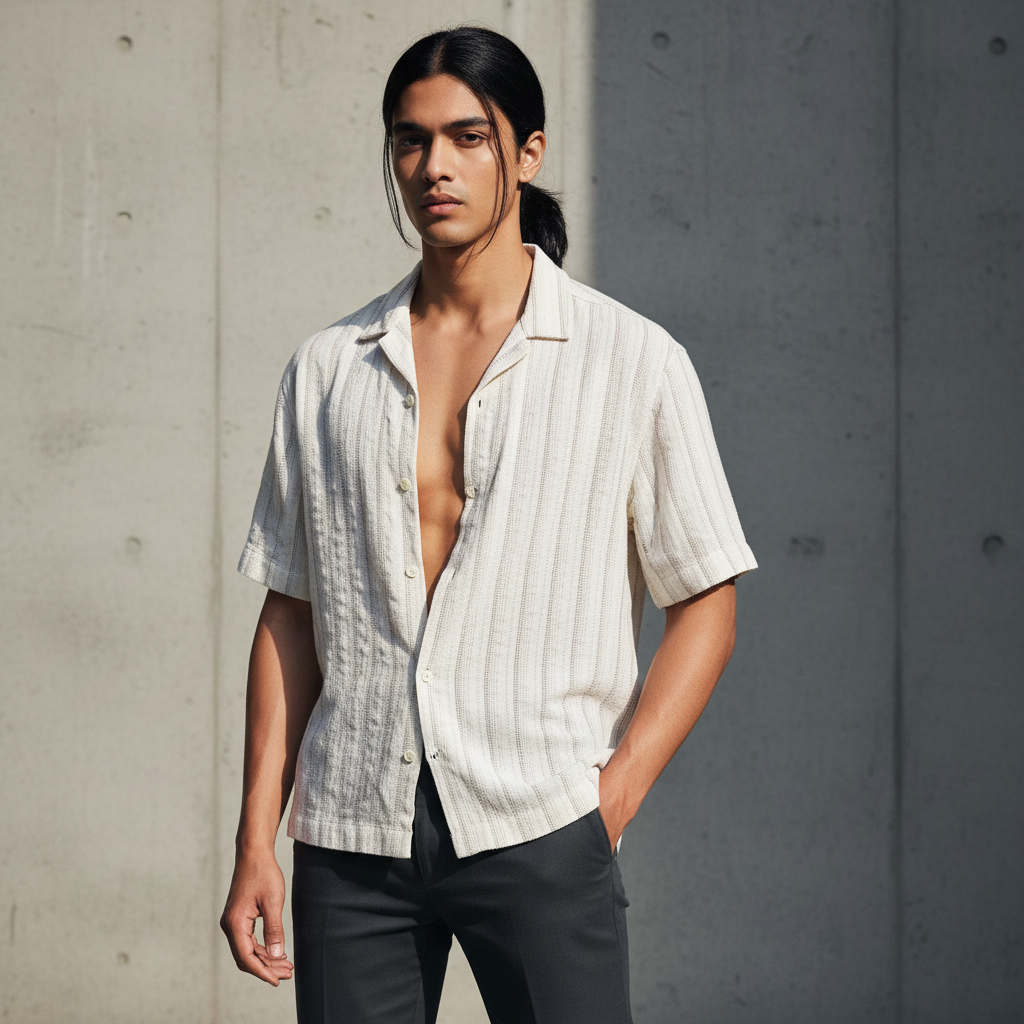 Baggy Shirt - White + Brown Stripe