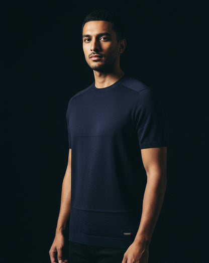 Navy Round Neck Knitted T-Shirt
