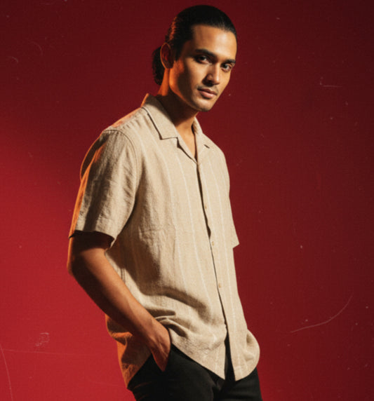 Baggy Shirt - Beige + White thin texture