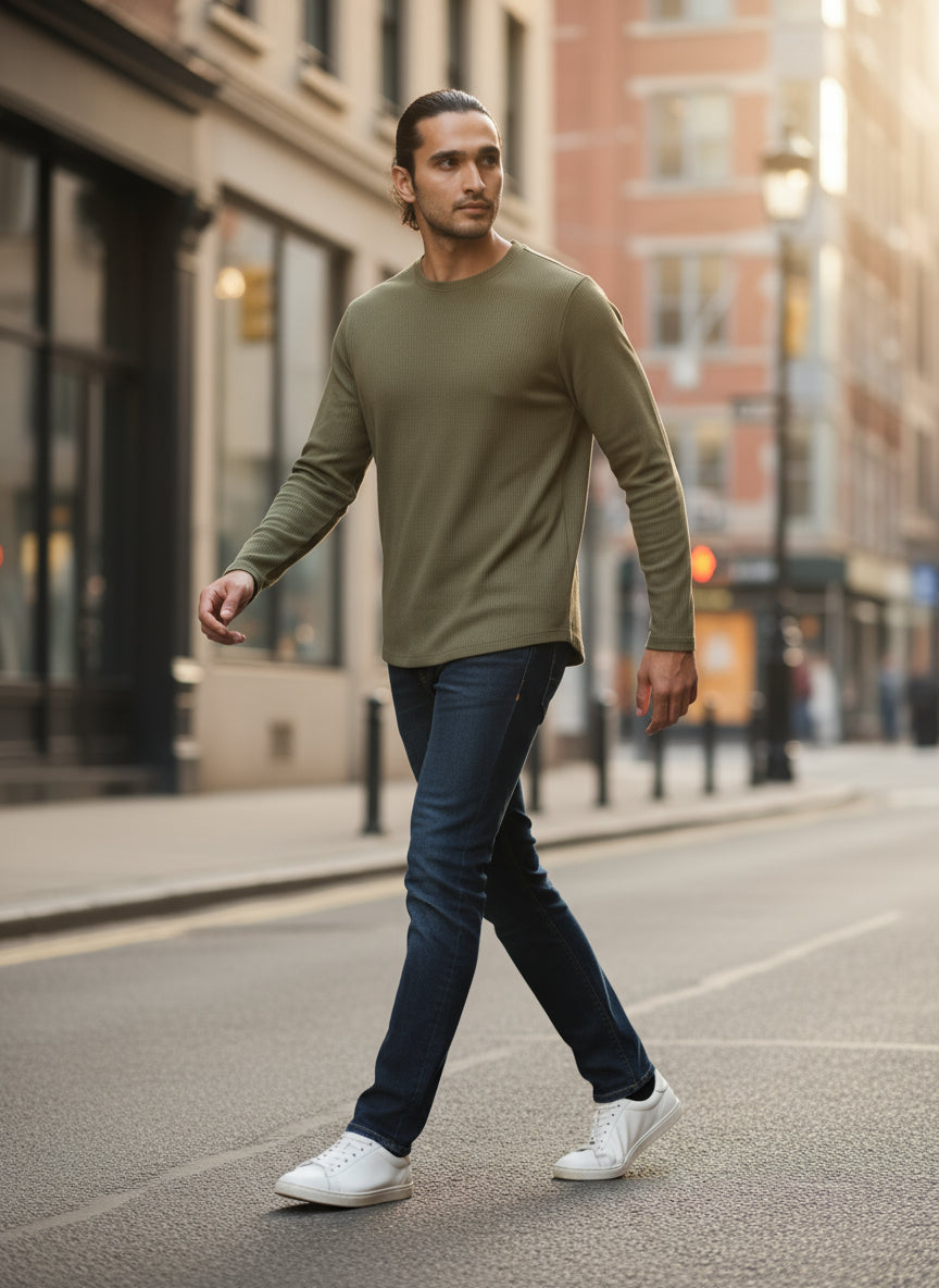 Ribbed T shirt Full Sleeve - Olive
