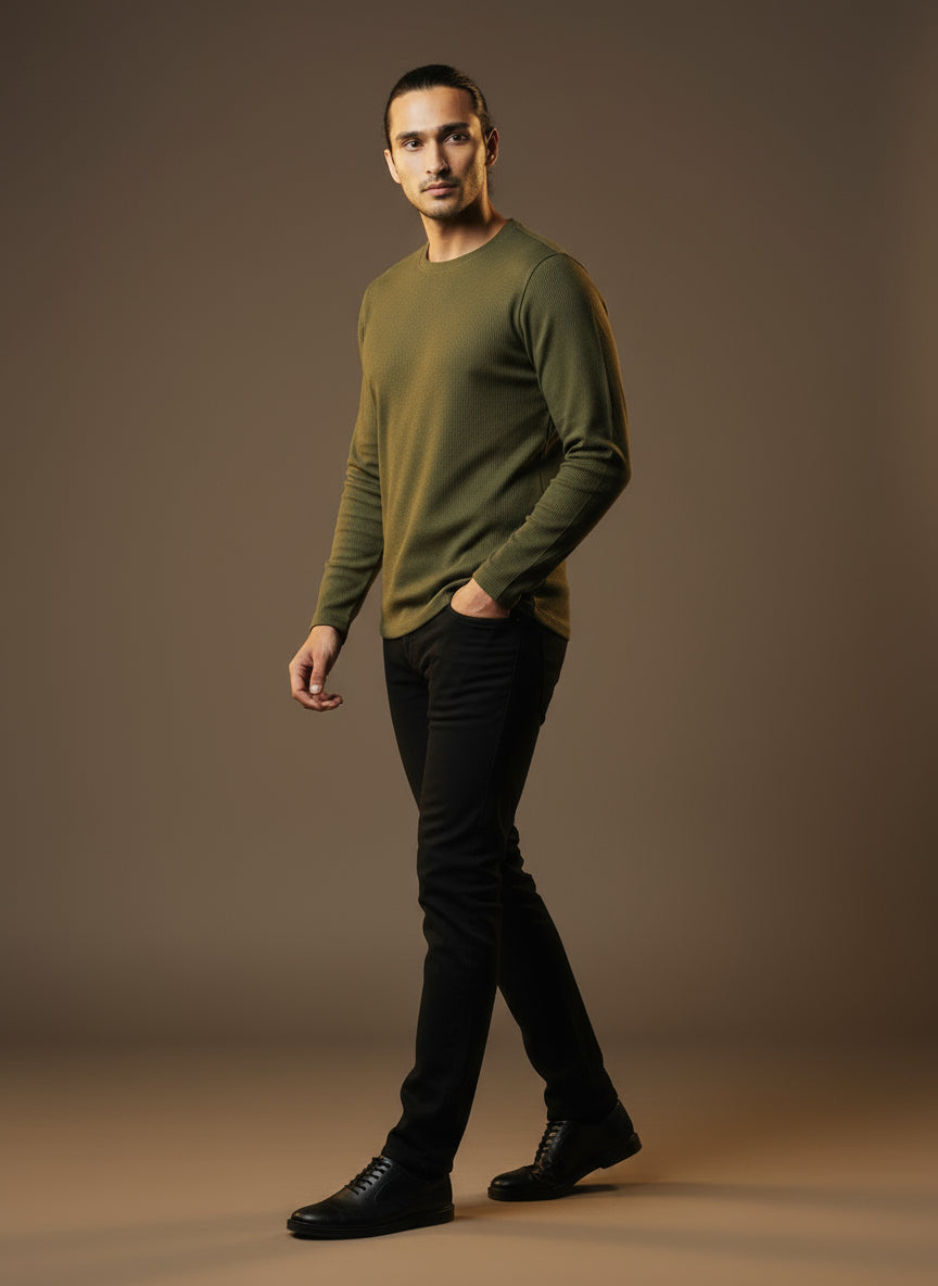 Ribbed T shirt Full Sleeve - Olive