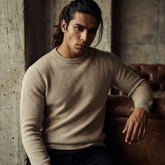 Biege Ribbed Round Neck