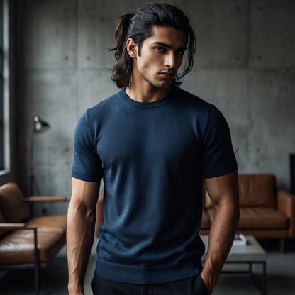Navy Round Neck Knitted T-Shirt