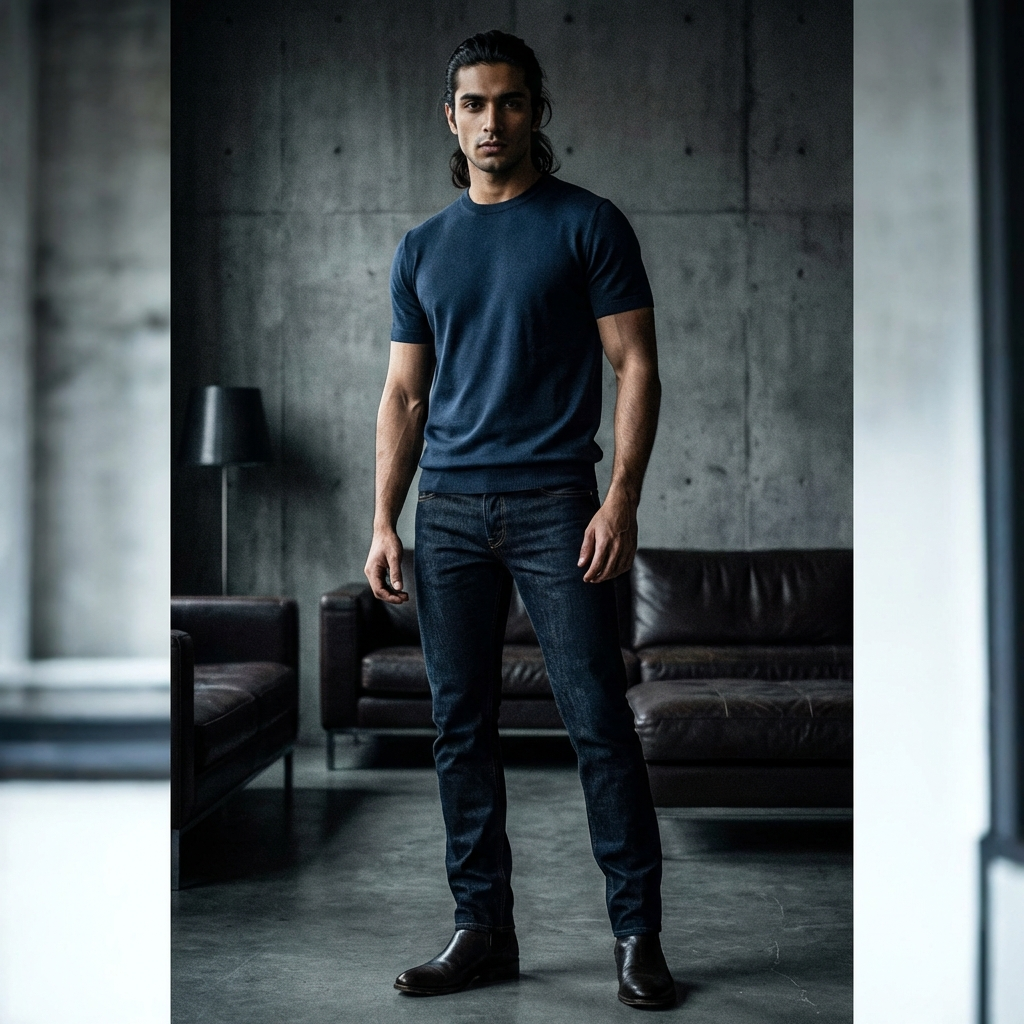 Navy Round Neck Knitted T-Shirt