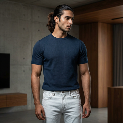 Navy Round Neck Knitted T-Shirt