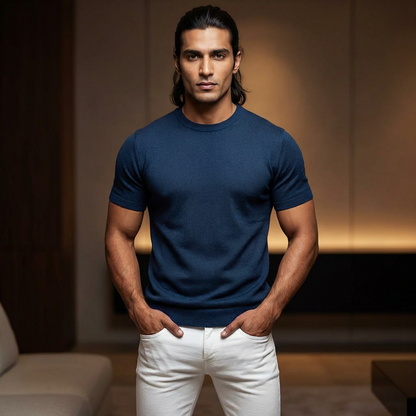 Navy Round Neck Knitted T-Shirt