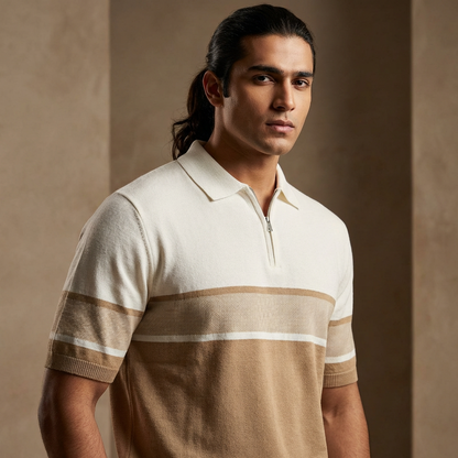 Zip Polo Beige White
