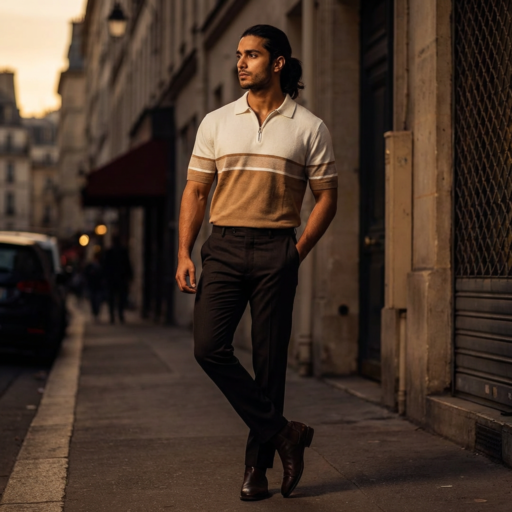 Zip Polo Beige White