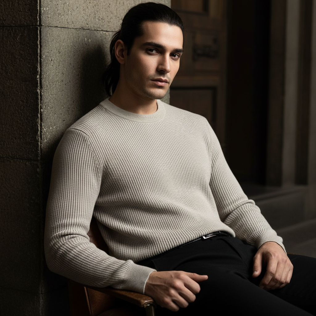 Biege Ribbed Round Neck