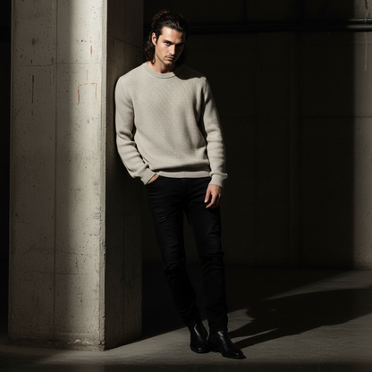 Biege Ribbed Round Neck