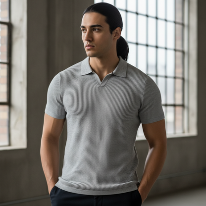 Grey - Ribbed Polo Tshirt