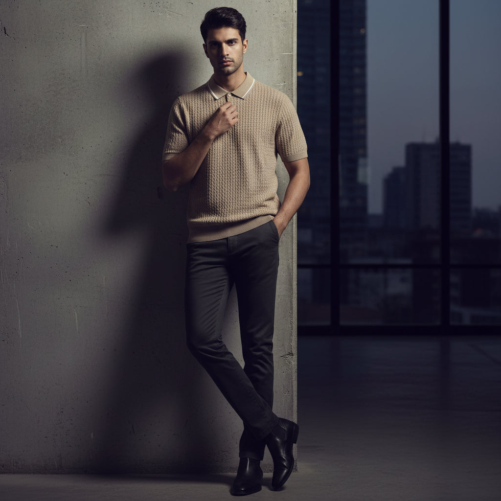 Jumper Polo - Biege with a white strip on collar