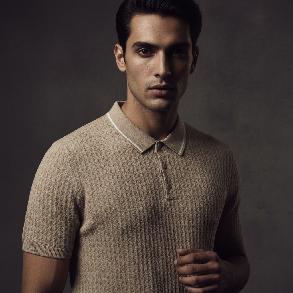 Jumper Polo - Biege with a white strip on collar