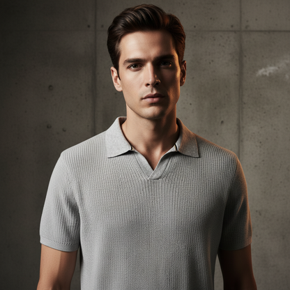 Grey - Ribbed Polo Tshirt