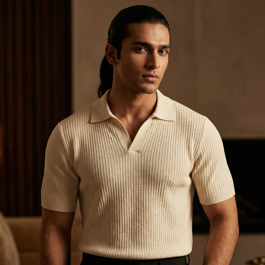 White V Neck Knitted Polo Tshirt