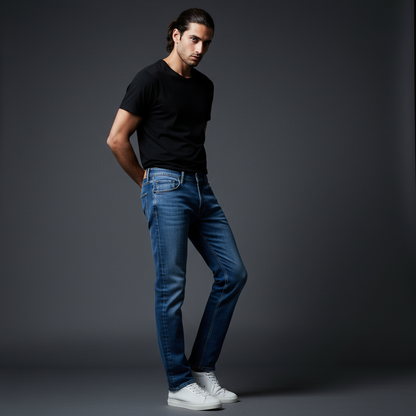 Straight stretch cotton jeans, - Blue