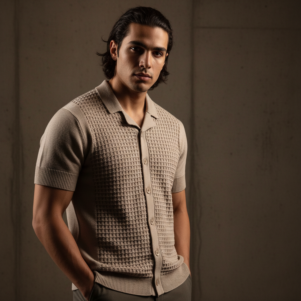 Stone Relaxed Textured Knit Bowling Shirt
