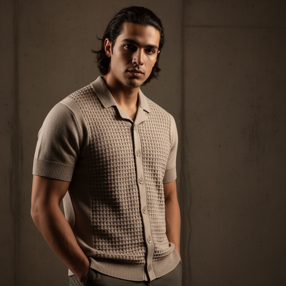 Stone Relaxed Textured Knit Bowling Shirt