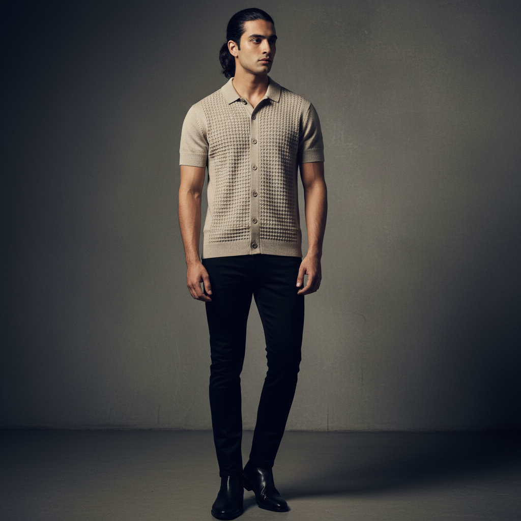 Stone Relaxed Textured Knit Bowling Shirt