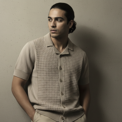 Stone Relaxed Textured Knit Bowling Shirt